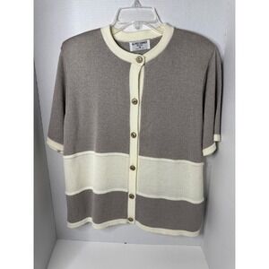 Alfred Dunner Petite Short Sleeve Button Front Cardigan Sweater Women's M Beige